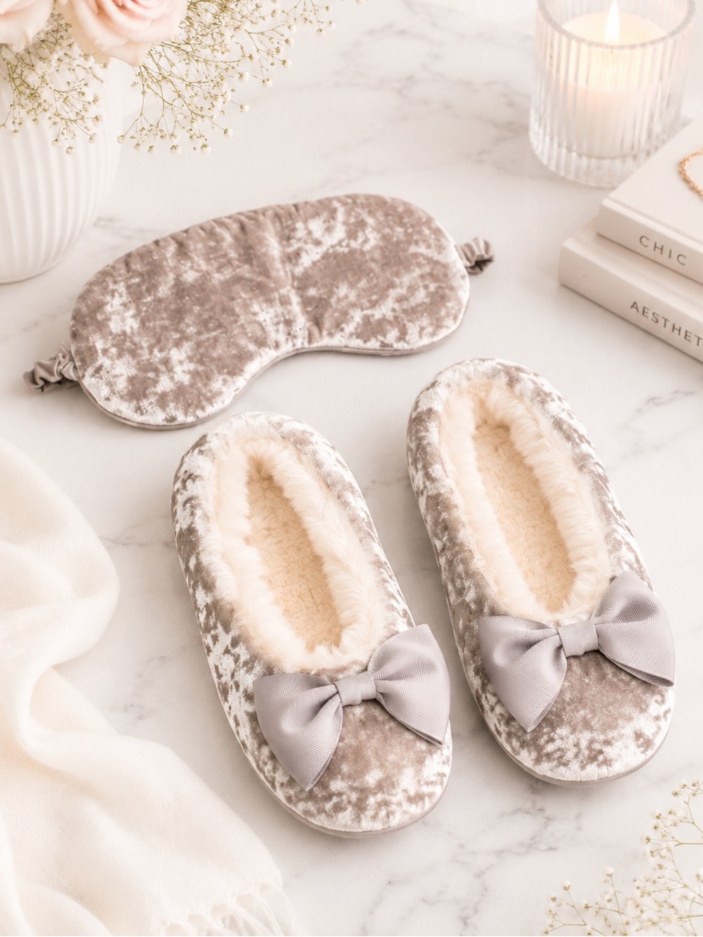 LC Lauren Conrad Taupe Faux Fur Slippers Sleep Mask Set Plush Cozy NWT S 5-6